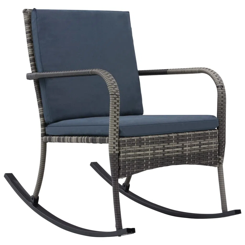 Chaise à Bascule de Jardin en Résine Tressée Anthracite - Fauteuil Rocking Chair Ergonomique avec Cadre en Acier et 2 Coussins Épais Amovibles Lavables pour Salon et Patio, 64x101x91 cm