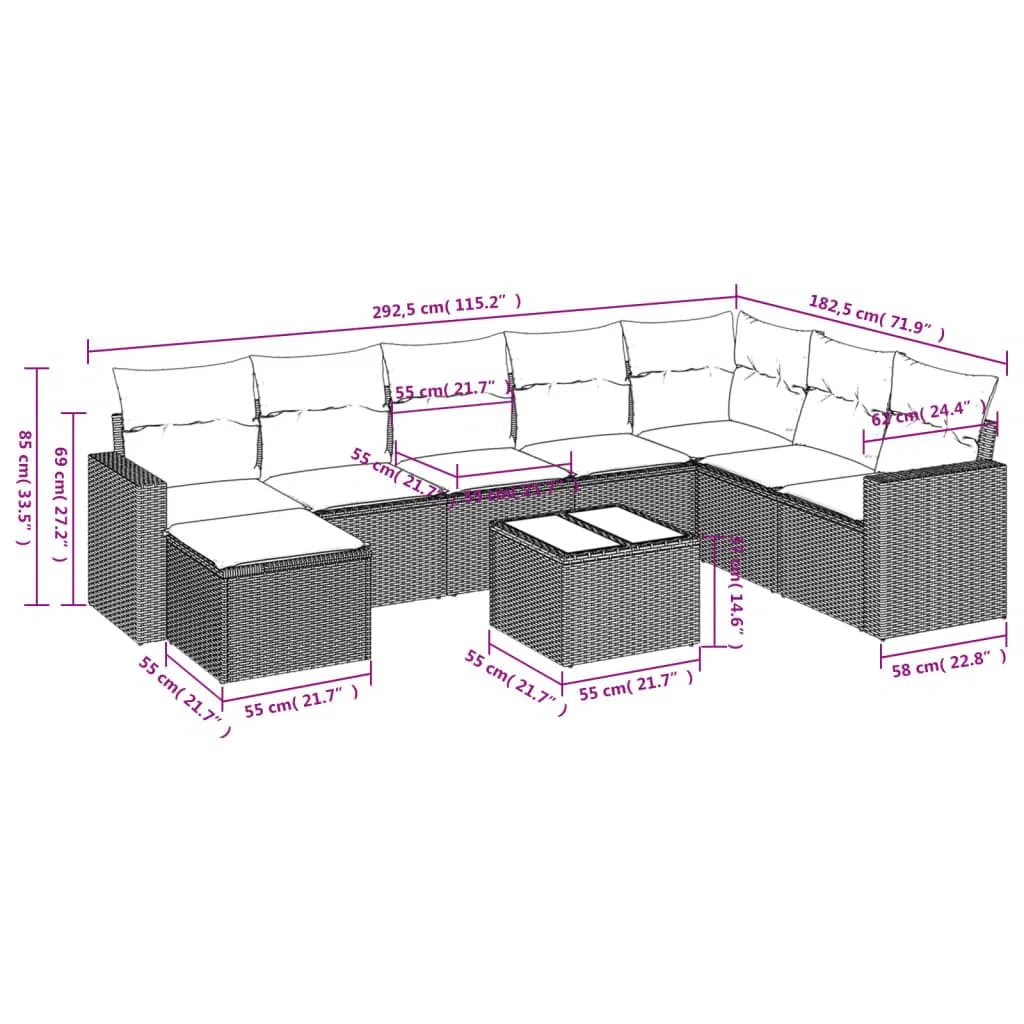 Salon de Jardin modulable 9 pcs en résine tressée Grise Claire, Ensemble canapé d Angle avec Coussins, Table en Verre trempé, pour terrasse Patio détente