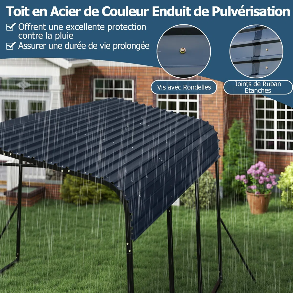 COSTWAY Abri de Voiture Métallique 440 x 300 cm Extérieur, Tente de Garage avec Base Renforcée et 4 Pieds Inclinés Supplémentaires Toit Rigide, pour SUV Bateaux Tracteurs Événements