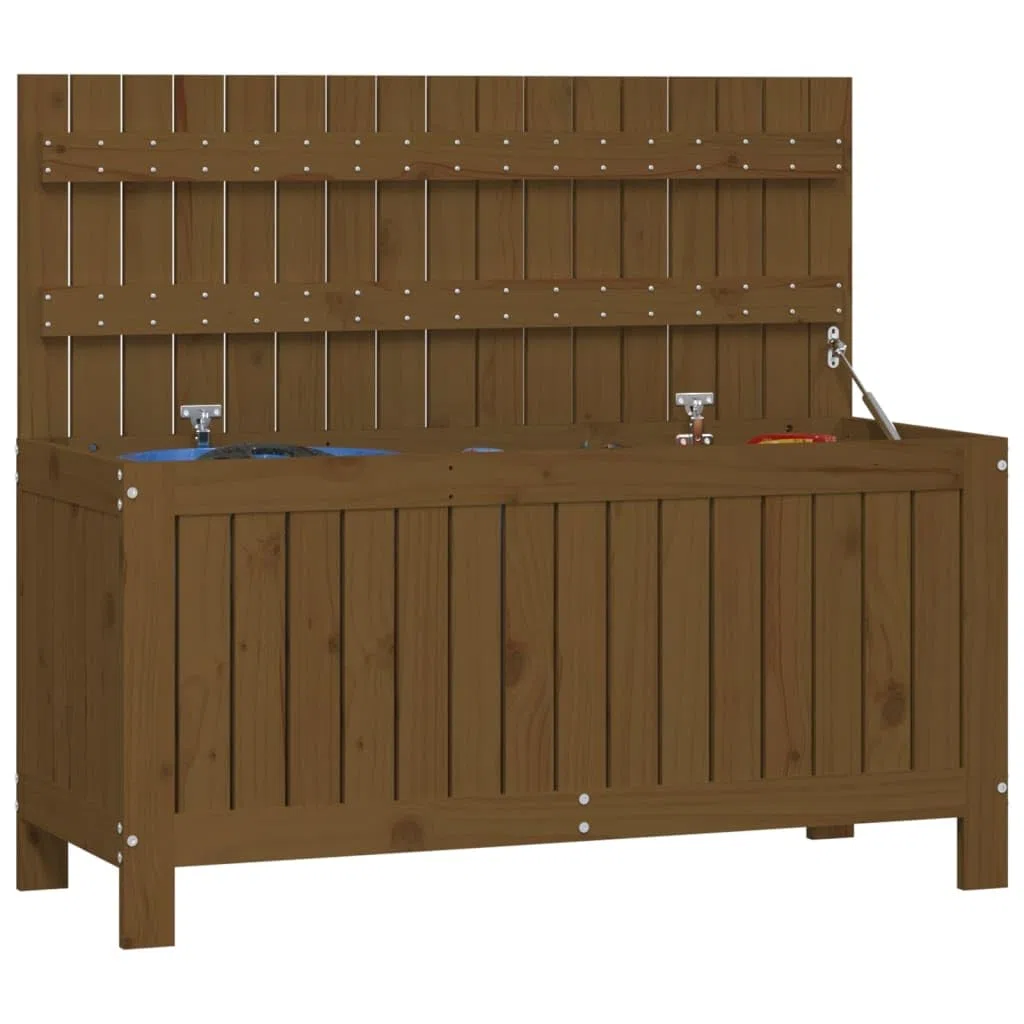 Coffre de jardin marron miel en pin massif 108 x 42,5 x 54 cm avec grand espace de rangement et vérin à gaz, résistant aux intempéries, pour balcon, terrasse, extérieur, boîte de rangement