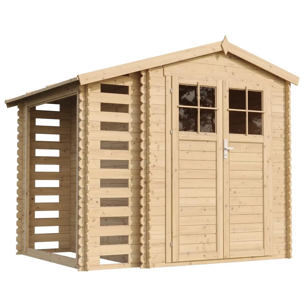 Abri de Jardin en Bois et Range bûches extérieur - Porte verrouillable de Haute qualité - Stockage extérieur I206xL272xH218 cm/ 3,53 + 0,97 m2 Petit abri à Outils, Local à vélos TIMBELA M386F