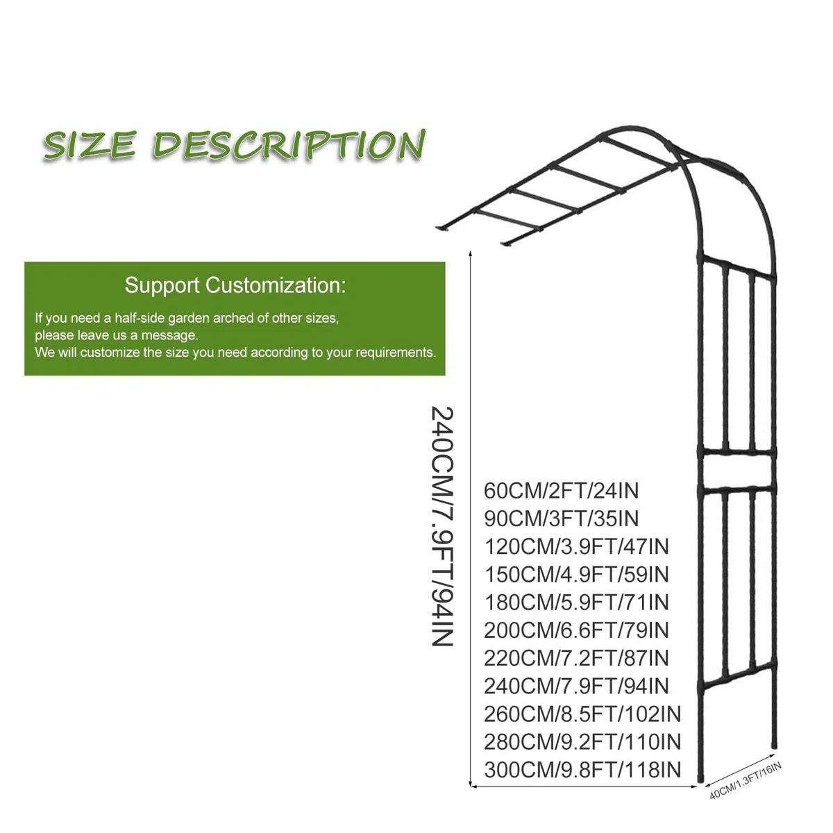 Treillis de jardin en métal noir pour plantes grimpantes Support de plante arqué en acier pour fleurs et vignes Support demi-latéral (0,6 x 4,3 x 2,9 m) Support extérieur durable