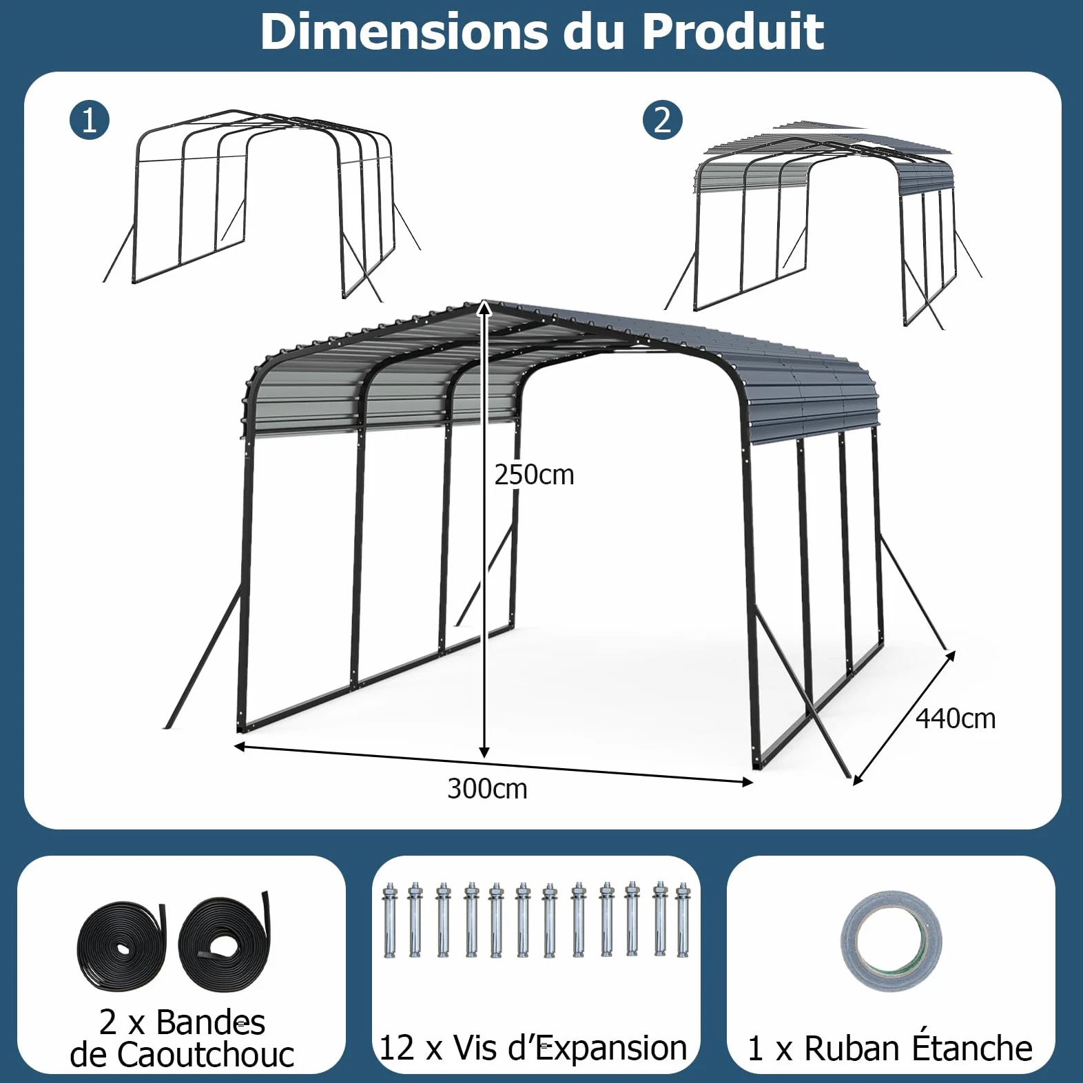 COSTWAY Abri de Voiture Métallique 440 x 300 cm Extérieur, Tente de Garage avec Base Renforcée et 4 Pieds Inclinés Supplémentaires Toit Rigide, pour SUV Bateaux Tracteurs Événements