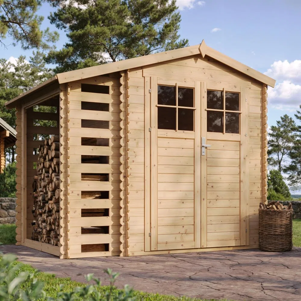 Abri de Jardin en Bois et Range bûches extérieur - Porte verrouillable de Haute qualité - Stockage extérieur I206xL272xH218 cm/ 3,53 + 0,97 m2 Petit abri à Outils, Local à vélos TIMBELA M386F
