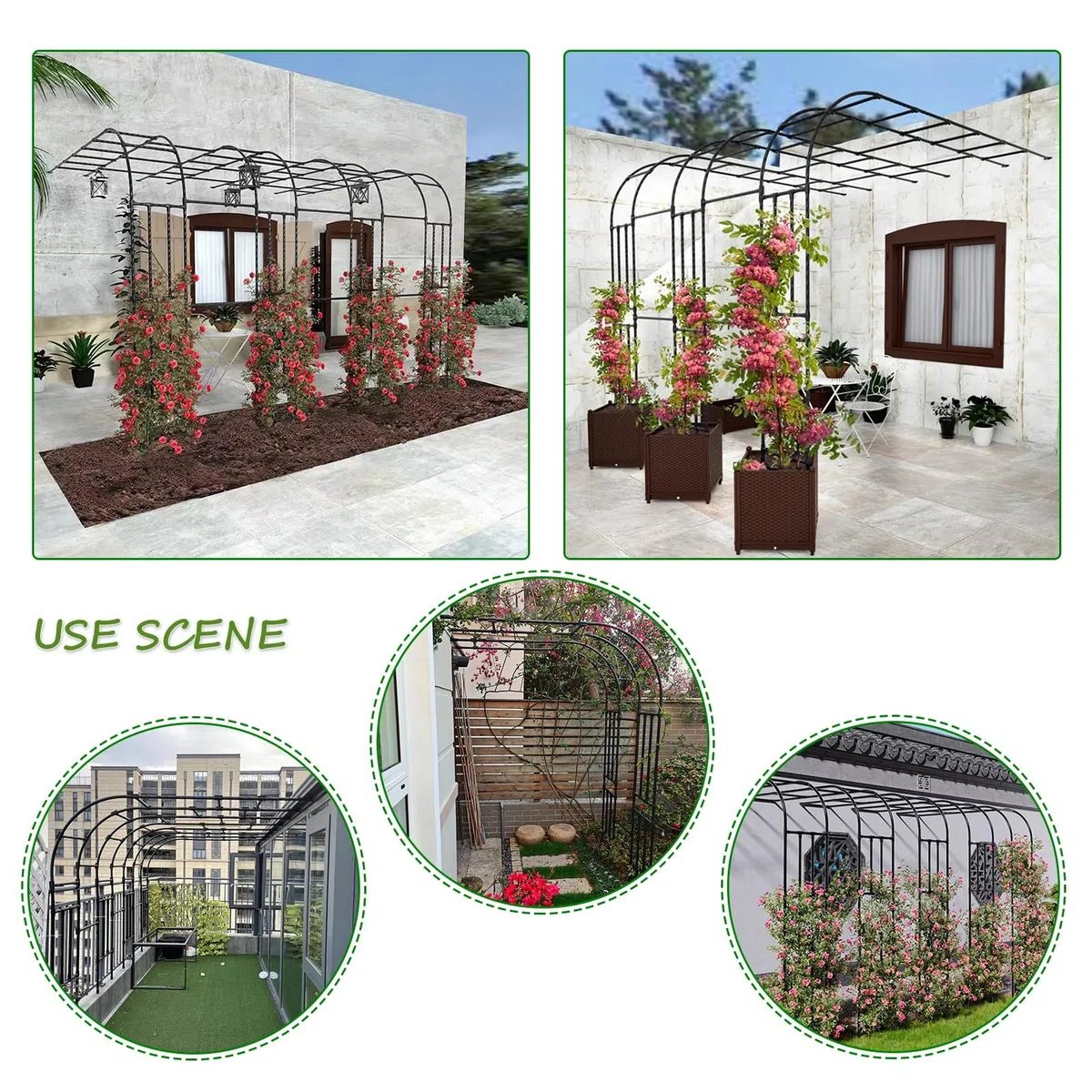 Treillis de jardin en métal noir pour plantes grimpantes Support de plante arqué en acier pour fleurs et vignes Support demi-latéral (0,6 x 4,3 x 2,9 m) Support extérieur durable