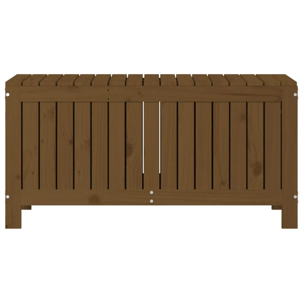 Coffre de jardin marron miel en pin massif 108 x 42,5 x 54 cm avec grand espace de rangement et vérin à gaz, résistant aux intempéries, pour balcon, terrasse, extérieur, boîte de rangement