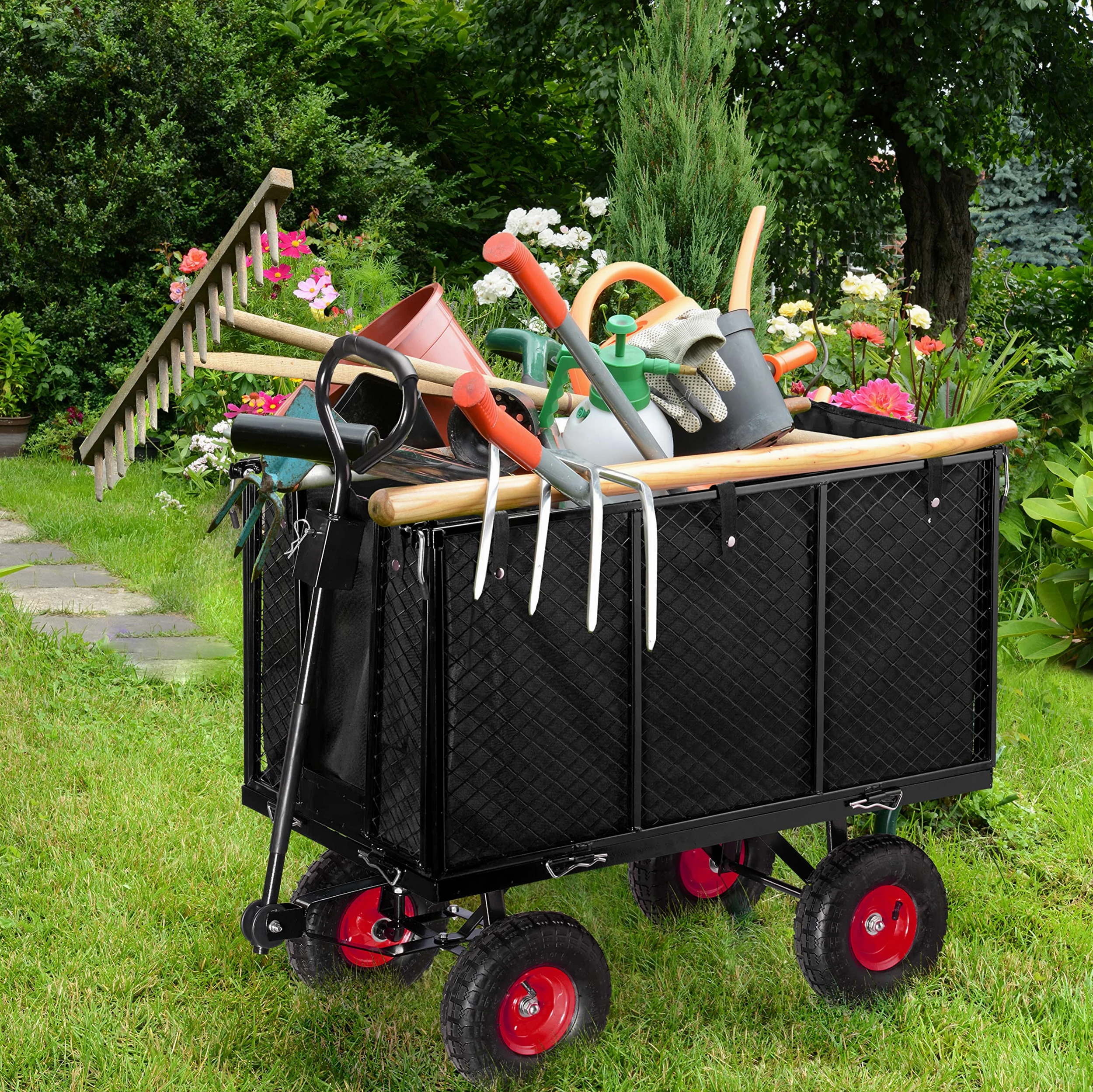 Relaxdays Chariot de Jardin, Parties latérales rabattables, bâche Amovible avec poignées, 500 kg, Noir/Rouge