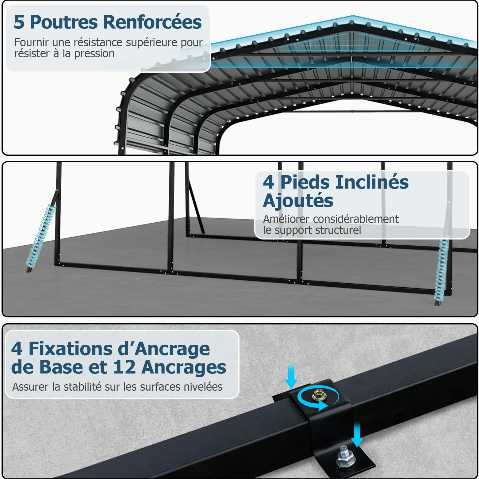 COSTWAY Abri de Voiture Métallique 440 x 300 cm Extérieur, Tente de Garage avec Base Renforcée et 4 Pieds Inclinés Supplémentaires Toit Rigide, pour SUV Bateaux Tracteurs Événements