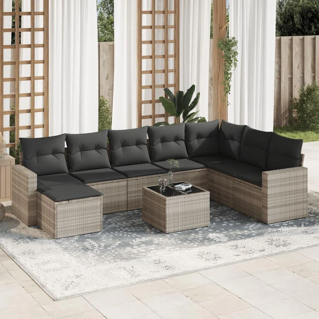 Salon de Jardin modulable 9 pcs en résine tressée Grise Claire, Ensemble canapé d Angle avec Coussins, Table en Verre trempé, pour terrasse Patio détente
