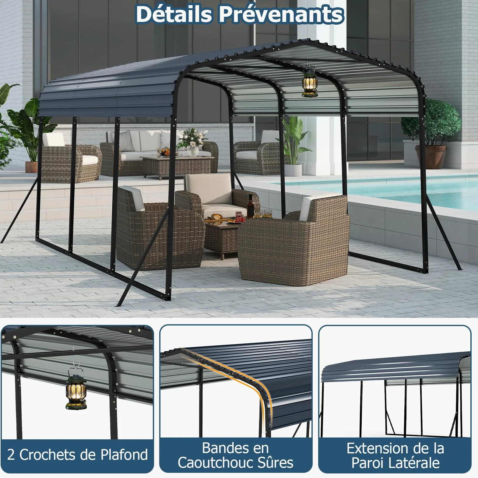 COSTWAY Abri de Voiture Métallique 440 x 300 cm Extérieur, Tente de Garage avec Base Renforcée et 4 Pieds Inclinés Supplémentaires Toit Rigide, pour SUV Bateaux Tracteurs Événements