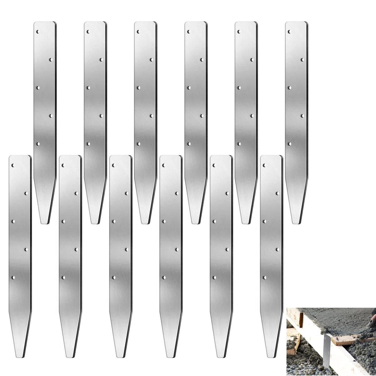 Lot de 10 piquets plats en acier pour coffrages en béton – 40 x 3,6 cm – Piquets en métal massif très résistants avec trous, revêtement résistant à la rouille, réutilisables, extrémité à pointe en V