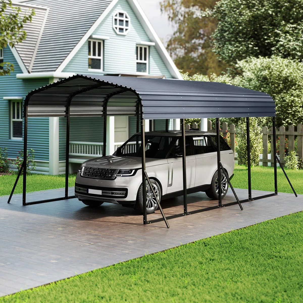 COSTWAY Abri de Voiture Métallique 440 x 300 cm Extérieur, Tente de Garage avec Base Renforcée et 4 Pieds Inclinés Supplémentaires Toit Rigide, pour SUV Bateaux Tracteurs Événements