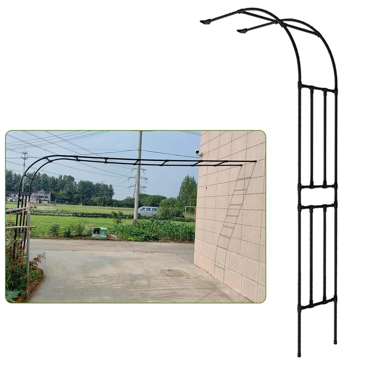 Treillis de jardin en métal noir pour plantes grimpantes Support de plante arqué en acier pour fleurs et vignes Support demi-latéral (0,6 x 4,3 x 2,9 m) Support extérieur durable
