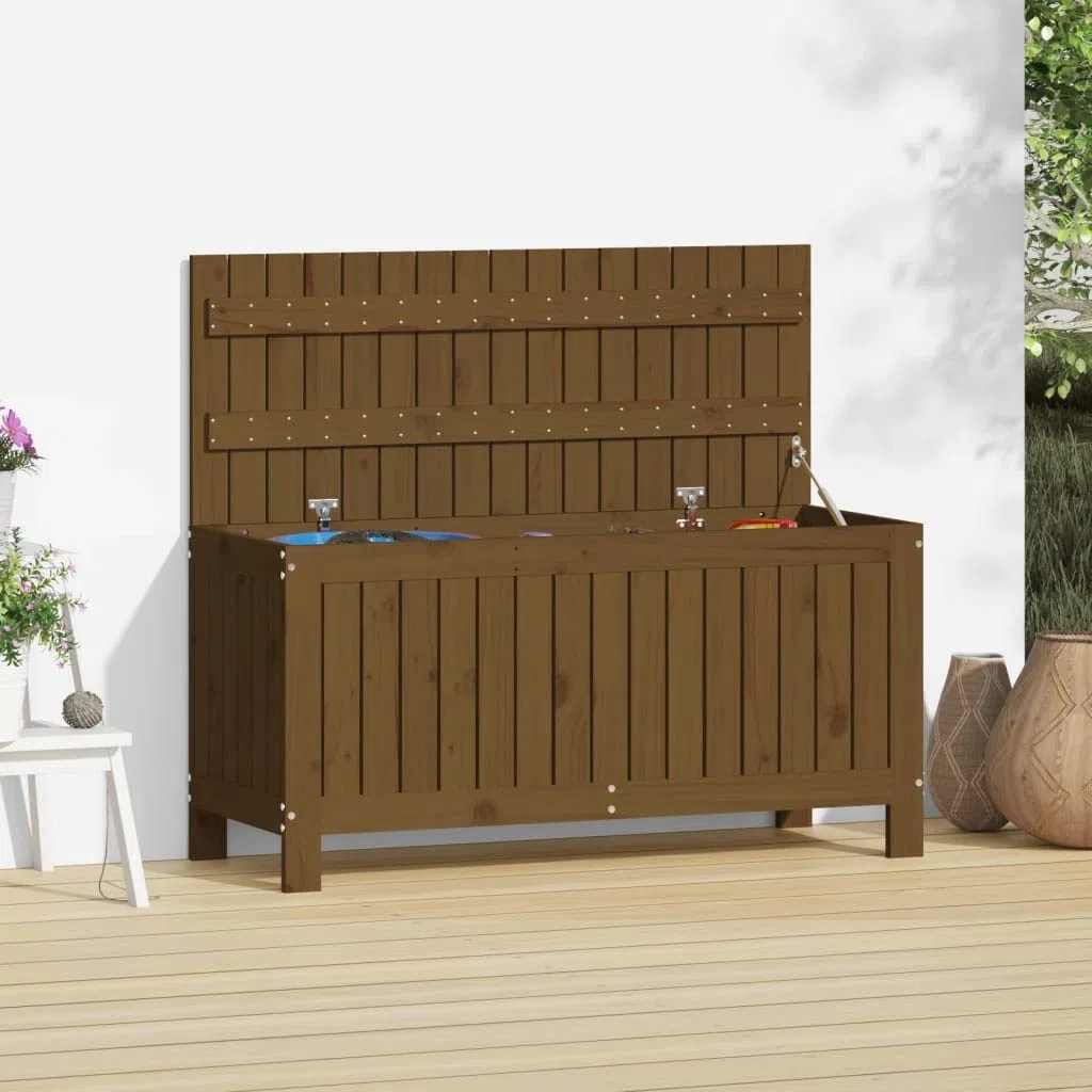 Coffre de jardin marron miel en pin massif 108 x 42,5 x 54 cm avec grand espace de rangement et vérin à gaz, résistant aux intempéries, pour balcon, terrasse, extérieur, boîte de rangement