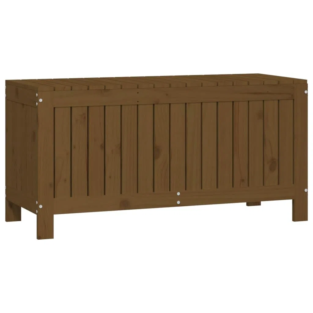 Coffre de jardin marron miel en pin massif 108 x 42,5 x 54 cm avec grand espace de rangement et vérin à gaz, résistant aux intempéries, pour balcon, terrasse, extérieur, boîte de rangement