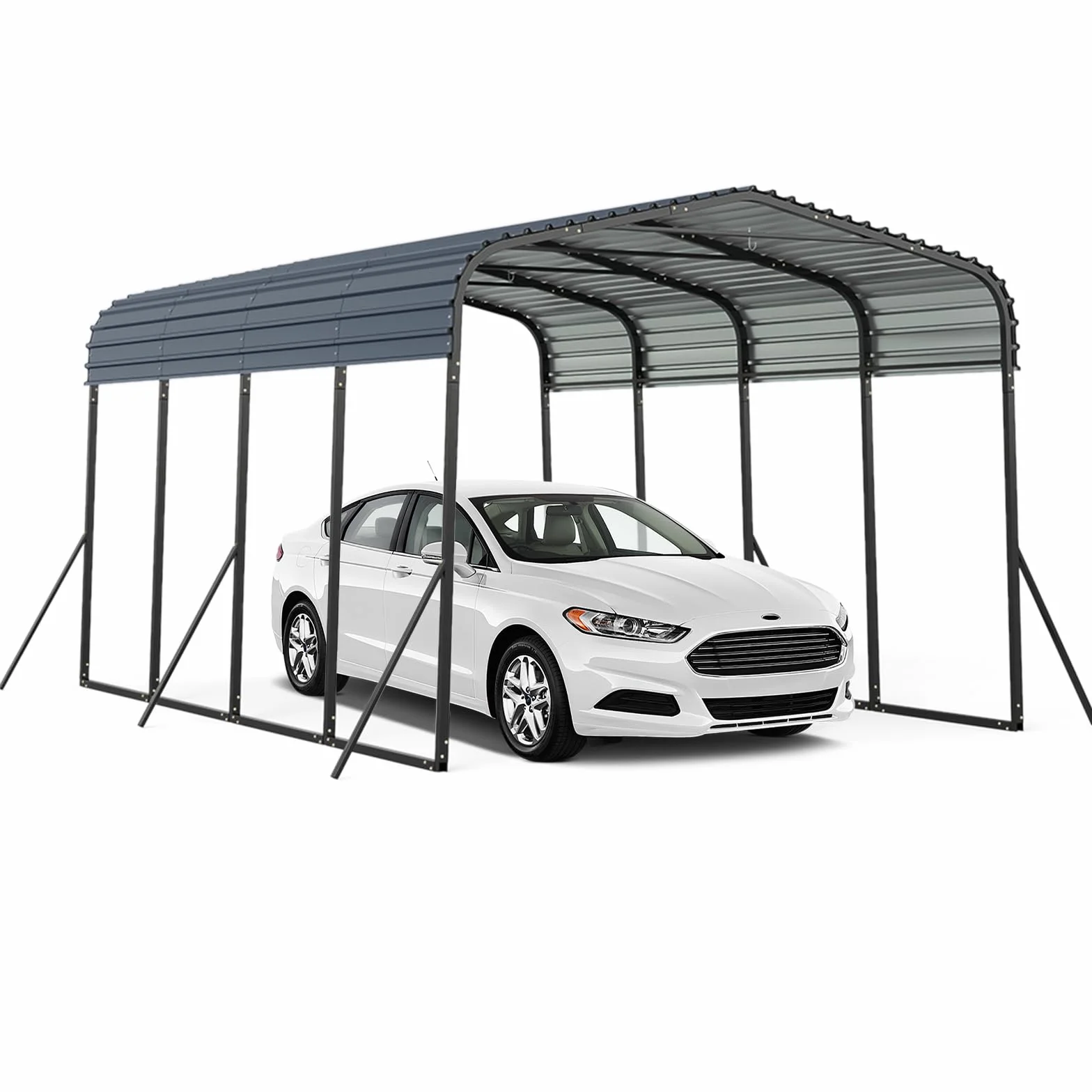 COSTWAY Abri de Voiture Métallique 440 x 300 cm Extérieur, Tente de Garage avec Base Renforcée et 4 Pieds Inclinés Supplémentaires Toit Rigide, pour SUV Bateaux Tracteurs Événements