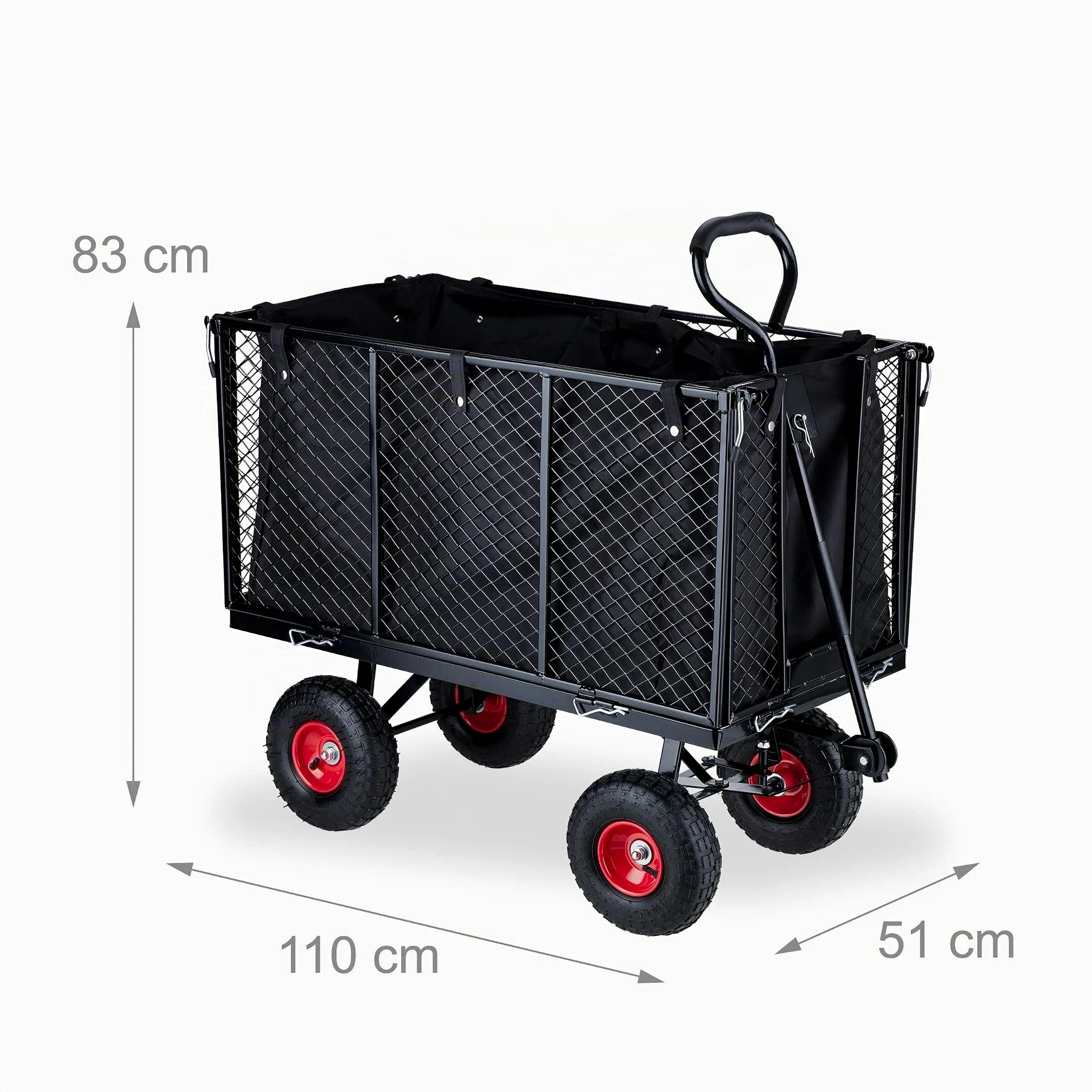 Relaxdays Chariot de Jardin, Parties latérales rabattables, bâche Amovible avec poignées, 500 kg, Noir/Rouge