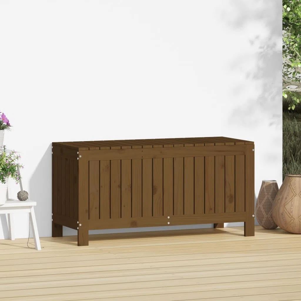Coffre de jardin marron miel en pin massif 108 x 42,5 x 54 cm avec grand espace de rangement et vérin à gaz, résistant aux intempéries, pour balcon, terrasse, extérieur, boîte de rangement