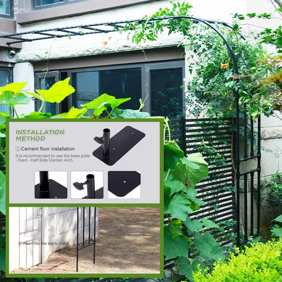 Treillis de jardin en métal noir pour plantes grimpantes Support de plante arqué en acier pour fleurs et vignes Support demi-latéral (0,6 x 4,3 x 2,9 m) Support extérieur durable