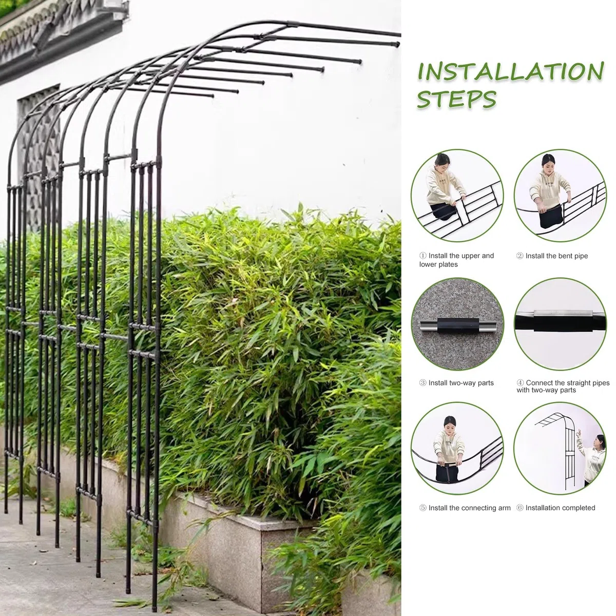 Treillis de jardin en métal noir pour plantes grimpantes Support de plante arqué en acier pour fleurs et vignes Support demi-latéral (0,6 x 4,3 x 2,9 m) Support extérieur durable
