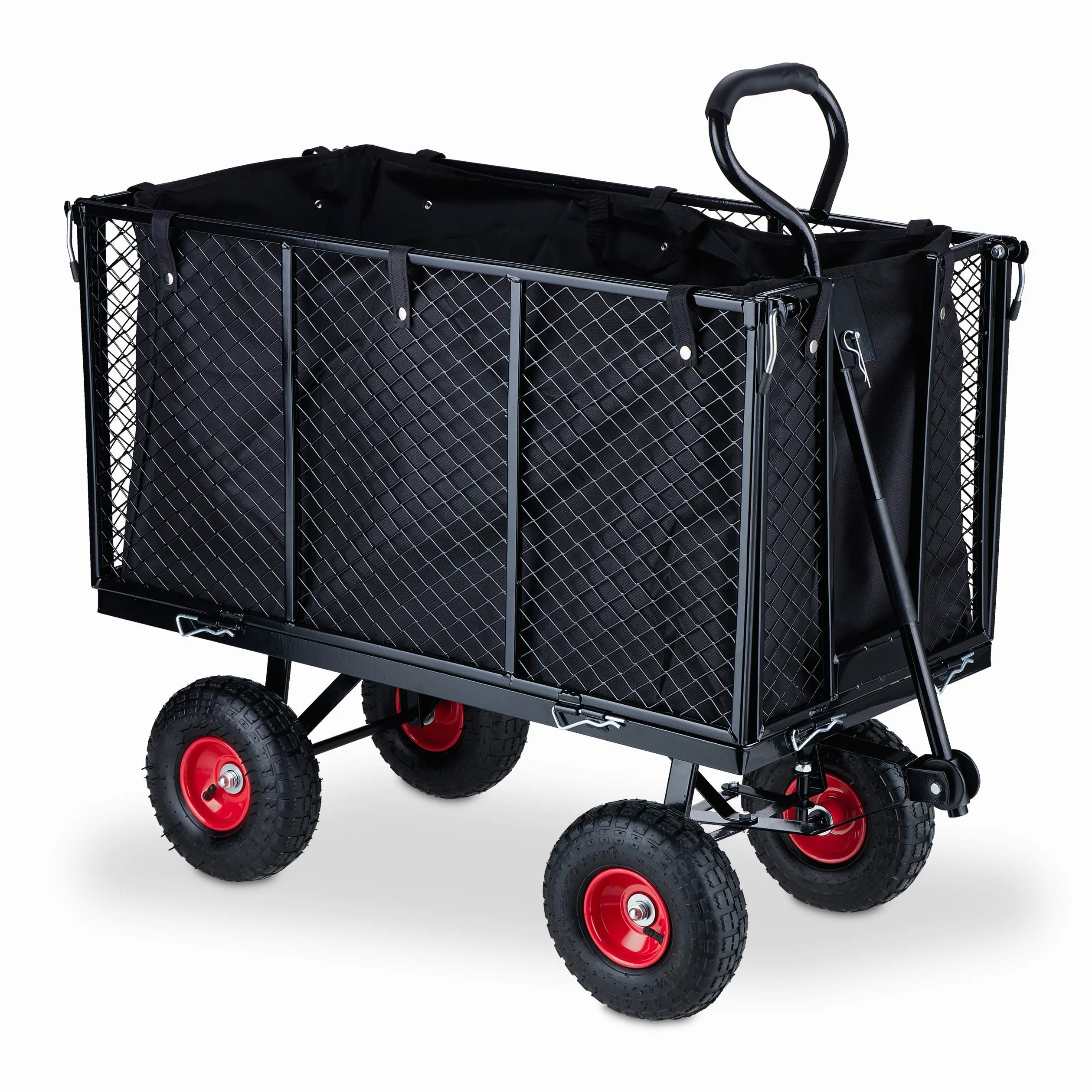 Relaxdays Chariot de Jardin, Parties latérales rabattables, bâche Amovible avec poignées, 500 kg, Noir/Rouge